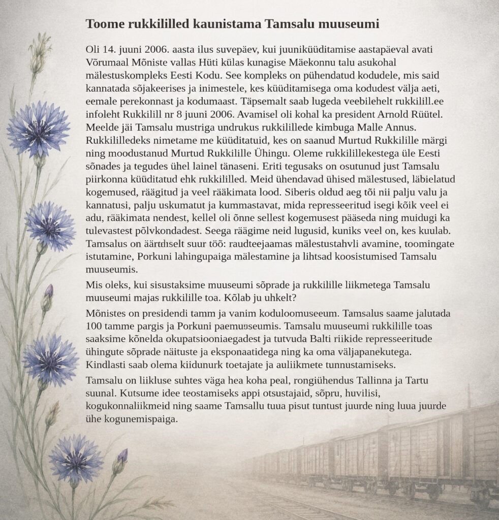 Rukkilille tuba represseeritute mälestuseks Tamsalu muuseumisse